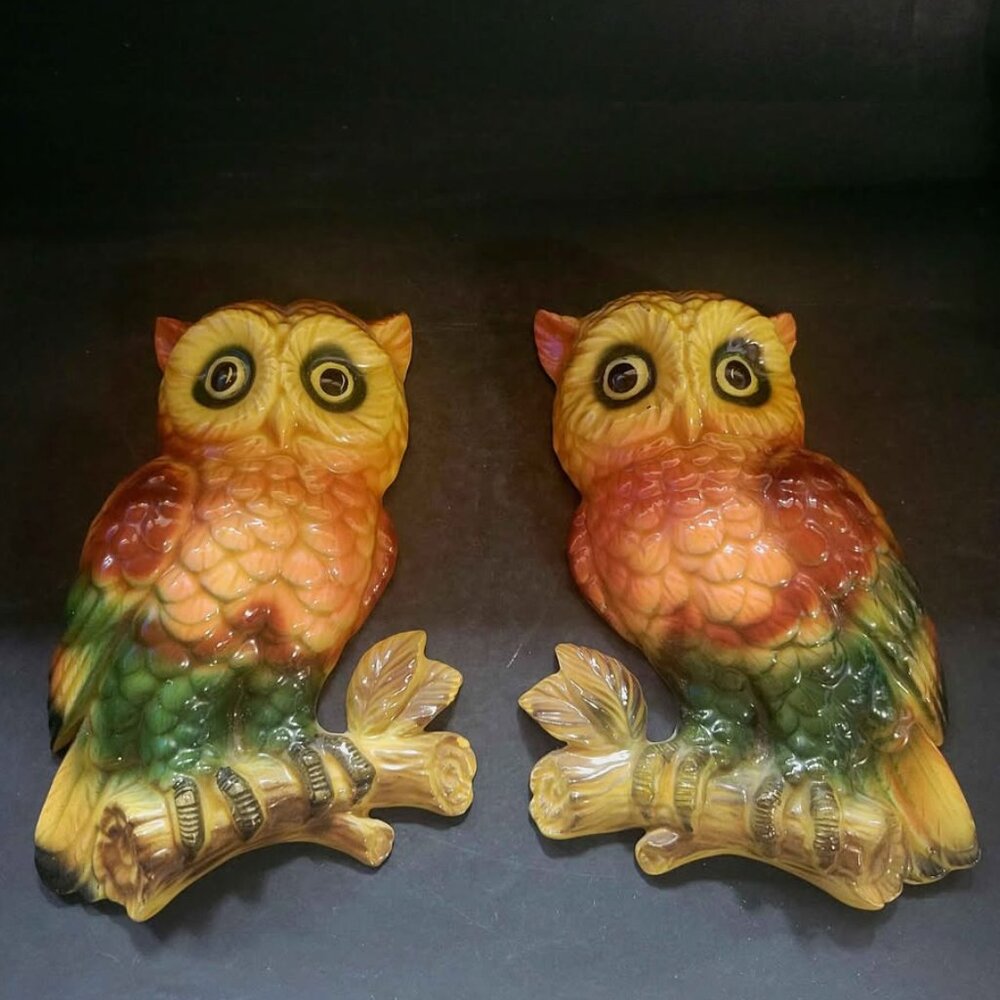 Vintage Lefton Owl Figurine Wall Plaques, A Decorative Items From 1970's